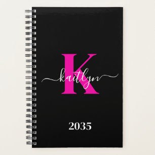 Elegante Zwarte Hot Pink Script Monogram Planner