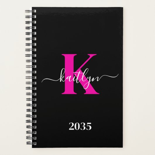 Elegante Zwarte Hot Pink Script Monogram Planner (Voorkant)