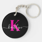 Elegante Zwarte Hot Pink Script Monogram Sleutelhanger (Achterkant)