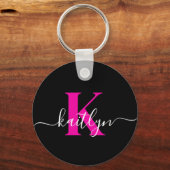 Elegante Zwarte Hot Pink Script Monogram Sleutelhanger (Achterkant)