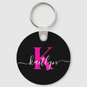 Elegante Zwarte Hot Pink Script Monogram Sleutelhanger (Achterkant)