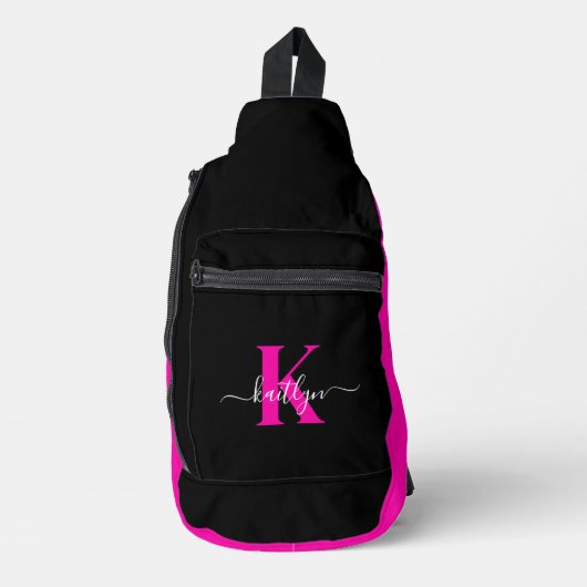 Elegante Zwarte Hot Pink Script Monogram Sling Bag (Voorkant)