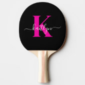 Elegante Zwarte Hot Pink Script Monogram Tafeltennisbatje (Achterkant)