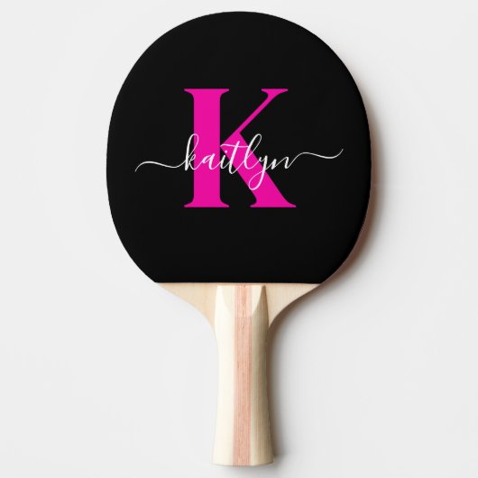 Elegante Zwarte Hot Pink Script Monogram Tafeltennisbatje (Voorkant)