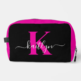 Elegante Zwarte Hot Pink Script Monogram Toilettasje