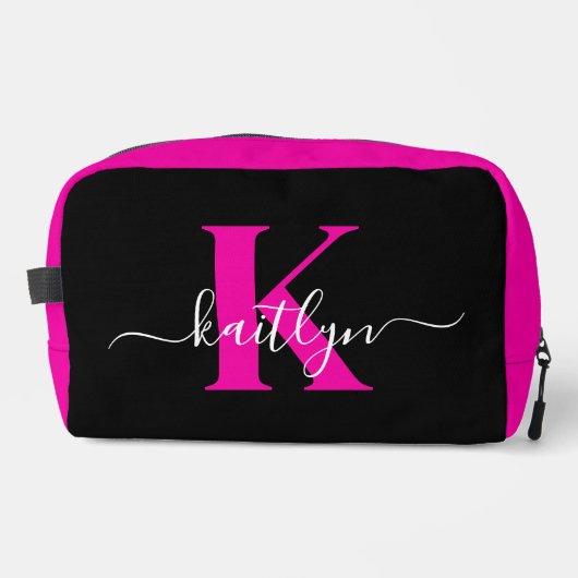 Elegante Zwarte Hot Pink Script Monogram Toilettasje (Voorkant)