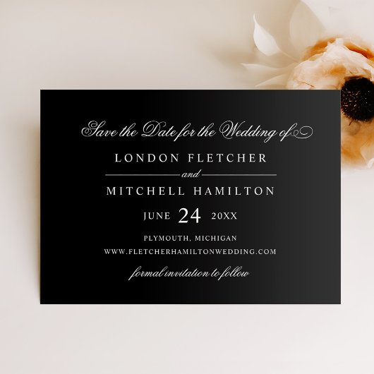 Elegante zwarte huwelijks Script Save The Date
