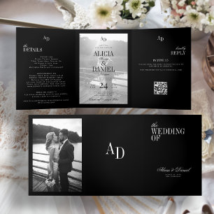 Elegante zwarte huwelijksfoto RSVP QR alles in één Drieluik Uitnodiging