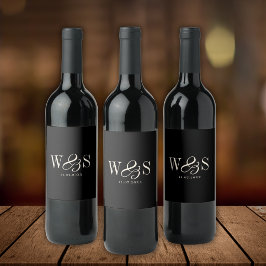 Elegante zwarte initiaal bruidsparen wijn etiket