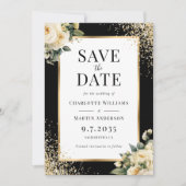 Elegante zwarte ivoor gouden Confetti bloemenbruil Save The Date (Voorkant)