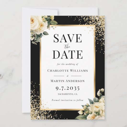 Elegante zwarte ivoor gouden Confetti bloemenbruil Save The Date (Voorkant)