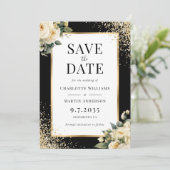 Elegante zwarte ivoor gouden Confetti bloemenbruil Save The Date (Staand voorkant)