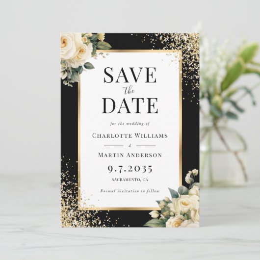 Elegante zwarte ivoor gouden Confetti bloemenbruil Save The Date (Staand voorkant)