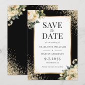Elegante zwarte ivoor gouden Confetti bloemenbruil Save The Date (Voorkant / Achterkant)