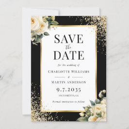 Elegante zwarte ivoor gouden Confetti bloemenbruil Save The Date