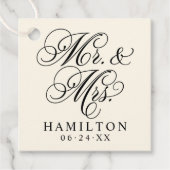 Elegante zwarte ivoor Mr en Mrs script monogram Bedankjes Labels (Voorkant)