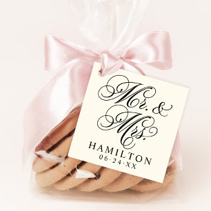 Elegante zwarte ivoor Mr en Mrs script monogram Bedankjes Labels