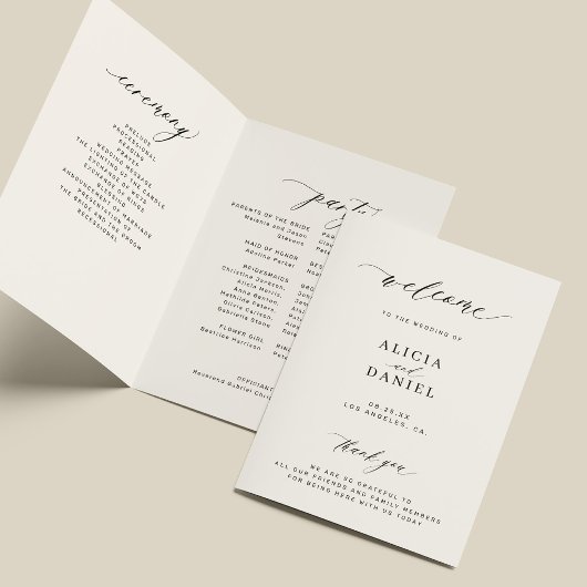 Elegante zwarte ivoor script gevouwen huwelijksfee programma