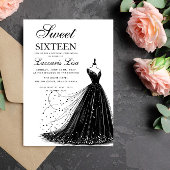 Elegante zwarte jurk witte zoete zestien verjaarda kaart