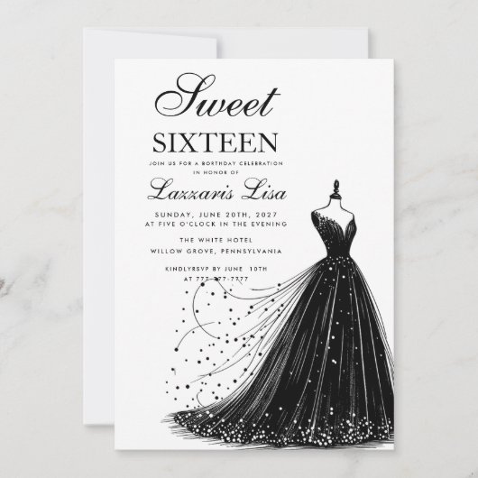 Elegante zwarte jurk witte zoete zestien verjaarda kaart (Voorkant)