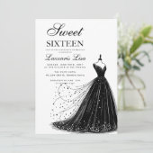 Elegante zwarte jurk witte zoete zestien verjaarda kaart (Staand voorkant)