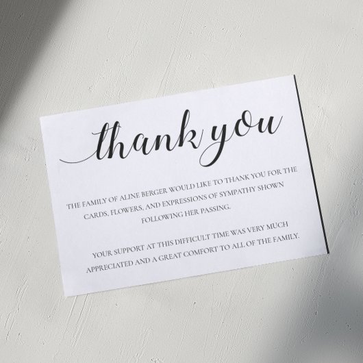 Elegante zwarte kalligrafie begrafenis dank u bedankkaart