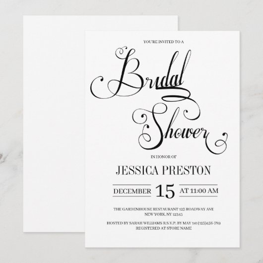 Elegante zwarte kalligrafie bruids douche uitnodig save the date (Voorkant / Achterkant)