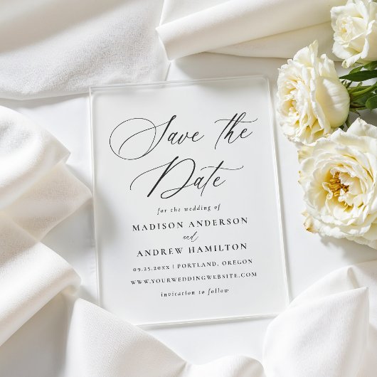 Elegante zwarte kalligrafie bruiloft Save the Date Acryl Uitnodigingen