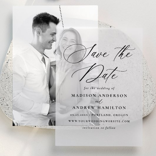 Elegante zwarte kalligrafie bruiloft Save the Date Vellum Uitnodigingen