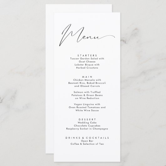 Elegante zwarte kalligrafie Fancy script bruiloft Menu (Voorkant / Achterkant)