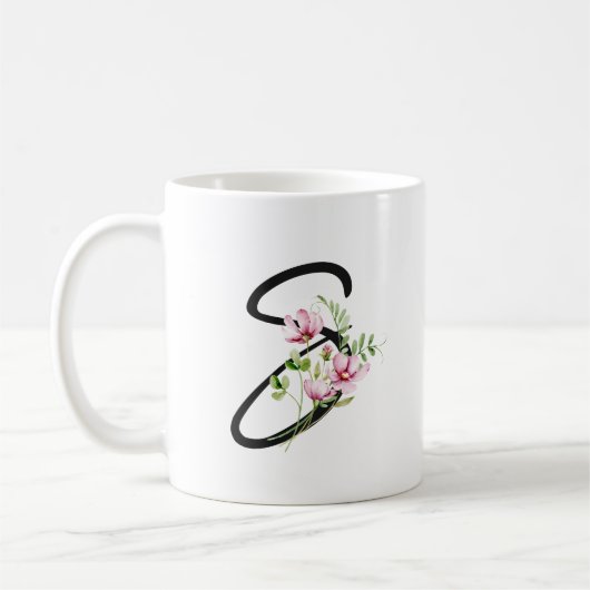 Elegante zwarte kalligrafie letter "S" Floral Koffiemok (Links)