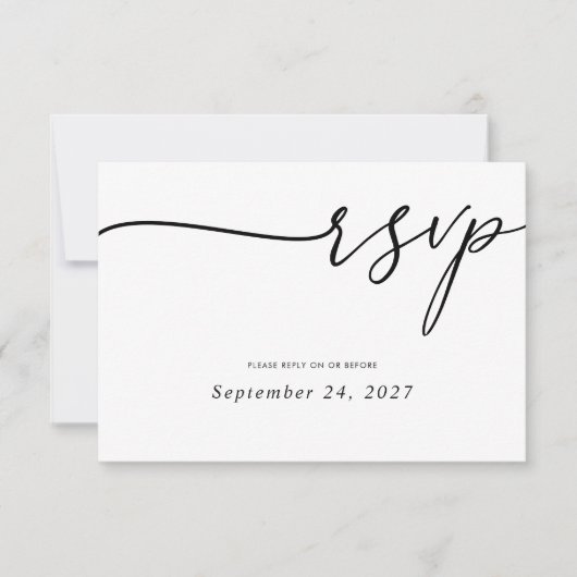 Elegante zwarte kalligrafie op witte bruiloft RSVP kaartje (Voorkant)