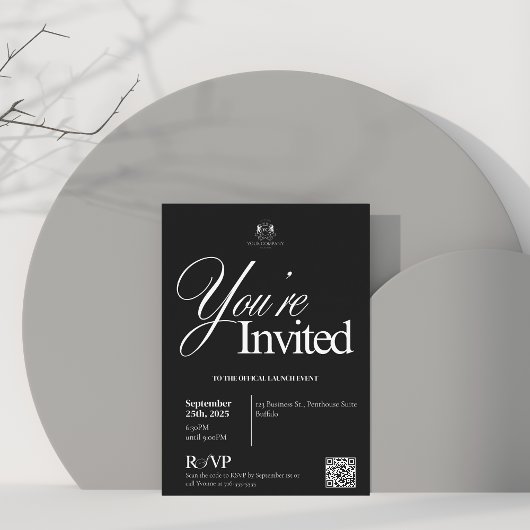 Elegante zwarte kalligrafie QR Business Opening Kaart