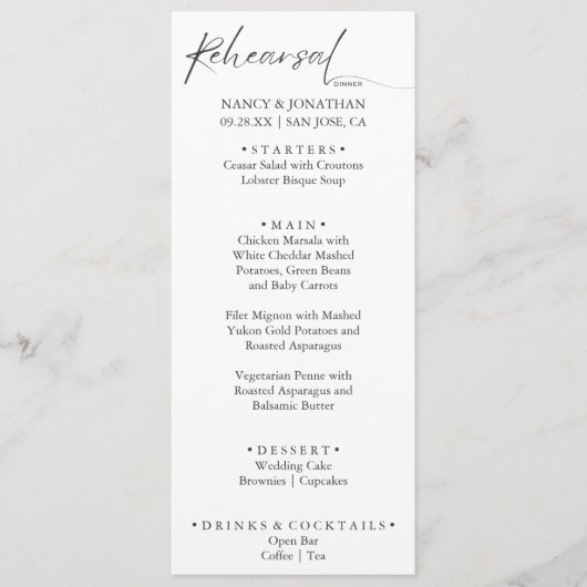 Elegante zwarte kalligrafie wit minimale repetitie menu (Voorkant)