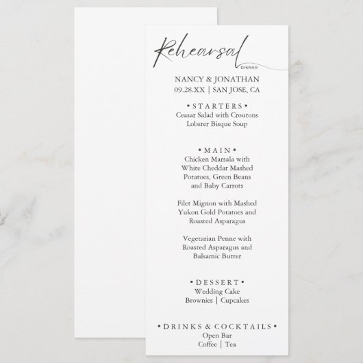 Elegante zwarte kalligrafie wit minimale repetitie menu (Voorkant / Achterkant)