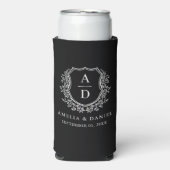 Elegante zwarte kam moderne monogram bruiloft seltzer blikjeskoeler (Seltzer Voorkant)