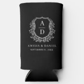 Elegante zwarte kam moderne monogram bruiloft seltzer blikjeskoeler (Voorkant)