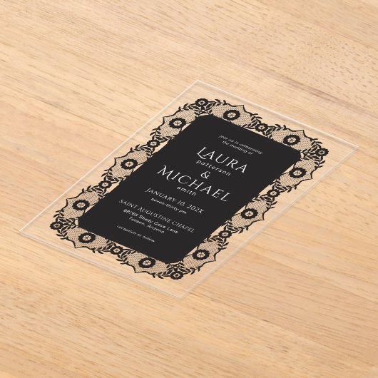 Elegante zwarte kant acryl bruiloft uitnodiging (Laagn)