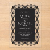 Elegante zwarte kant acryl bruiloft uitnodiging (Voorkant)