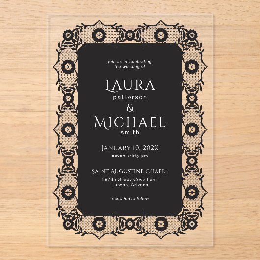 Elegante zwarte kant acryl bruiloft uitnodiging (Voorkant)