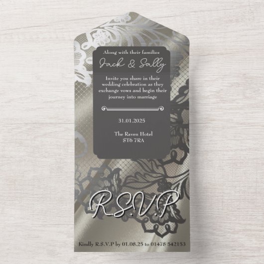 Elegante zwarte kant bruiloft all in one uitnodiging (Binnen)