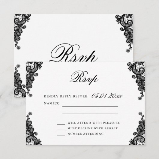 Elegante zwarte kant bruiloft RSVP Kaarten Kaartje (Voorkant / Achterkant)