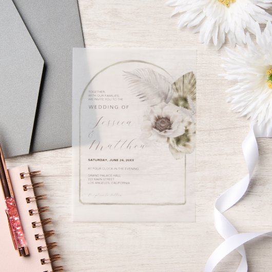 Elegante zwarte kant en witte damast bruiloft vellum uitnodigingen (Huwelijk)