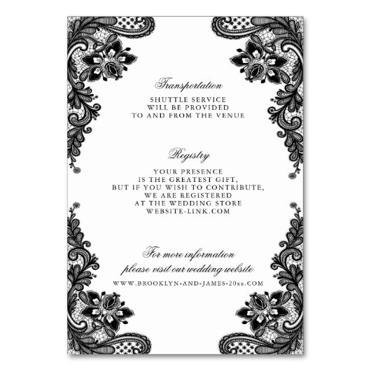 Elegante zwarte kanten trouwdetailkaarten kaart (Achterkant)