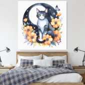 Elegante Zwarte Kat Bloemen Maan Kunst Kat Liefheb Canvas Afdruk (Insitu (Slaapkamer))