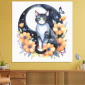 Elegante Zwarte Kat Bloemen Maan Kunst Kat Liefheb Canvas Afdruk (Insitu (Woonkamer))