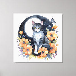 Elegante Zwarte Kat Bloemen Maan Kunst Kat Liefheb Canvas Afdruk
