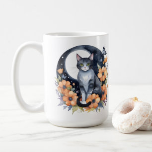 Elegante Zwarte Kat Bloemen Maan Kunst Kat Liefheb Koffiemok