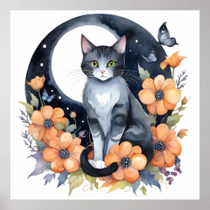 Elegante Zwarte Kat Bloemen Maan Kunst Kat Liefheb Poster
