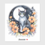 Elegante Zwarte Kat Bloemen Maan Kunst Kat Liefheb Sticker (Vel)